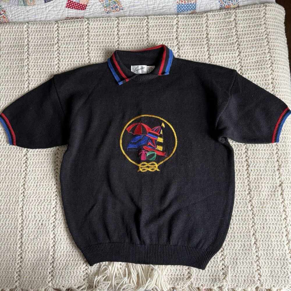 VTG 80s Nautical Knit Short Sleeve Sweater Size M Collar Bold Colorful Preppy